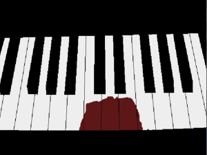 picture of a piano, 3 keys obscured by blood